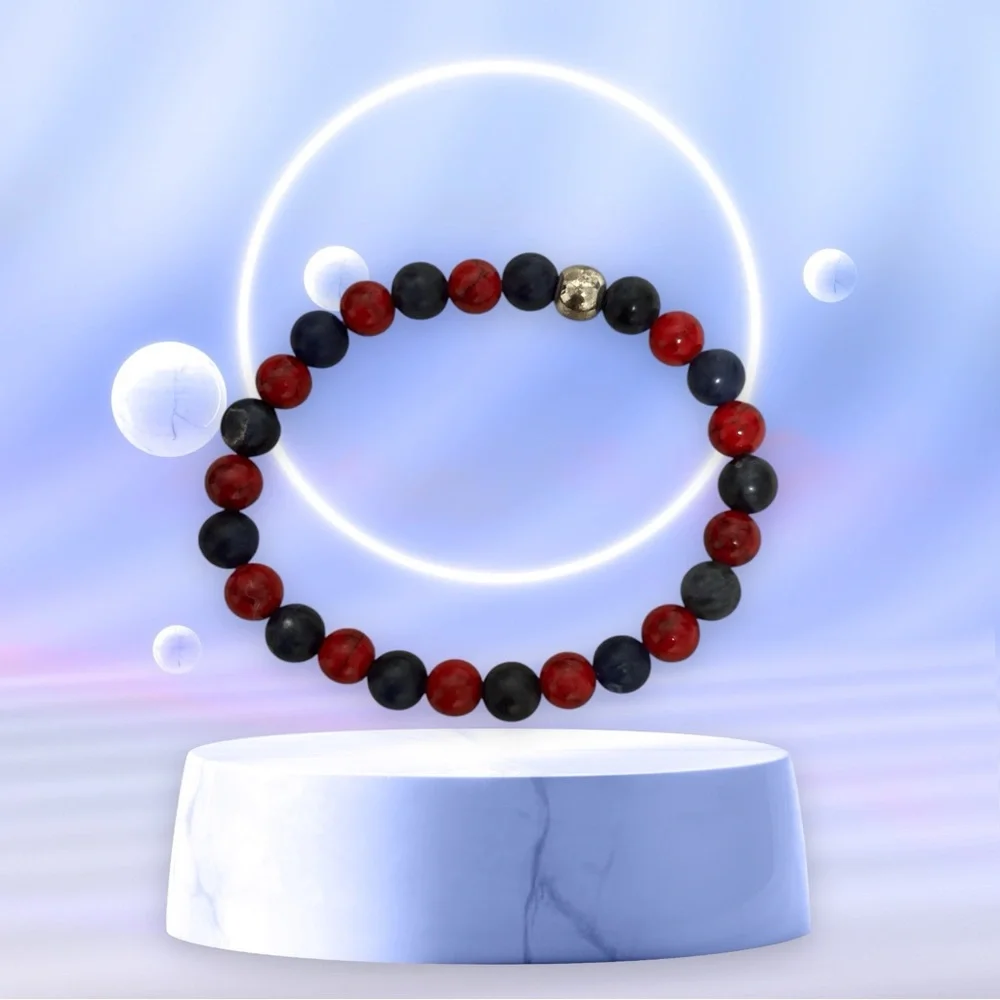 Bead Bracelet with Silver Center Bead Stretch Fits Most Women in Red/Gray/Black